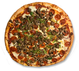 A pizza with pepperoni , sausage , mushrooms and green peppers on a white background