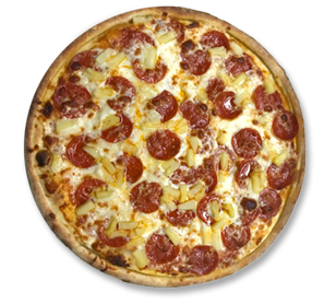 A pizza with pepperoni and pineapple on a white background