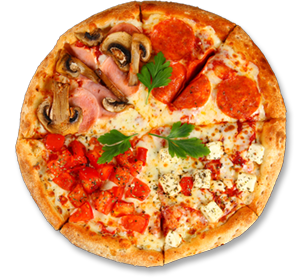 A pizza with four different toppings on it