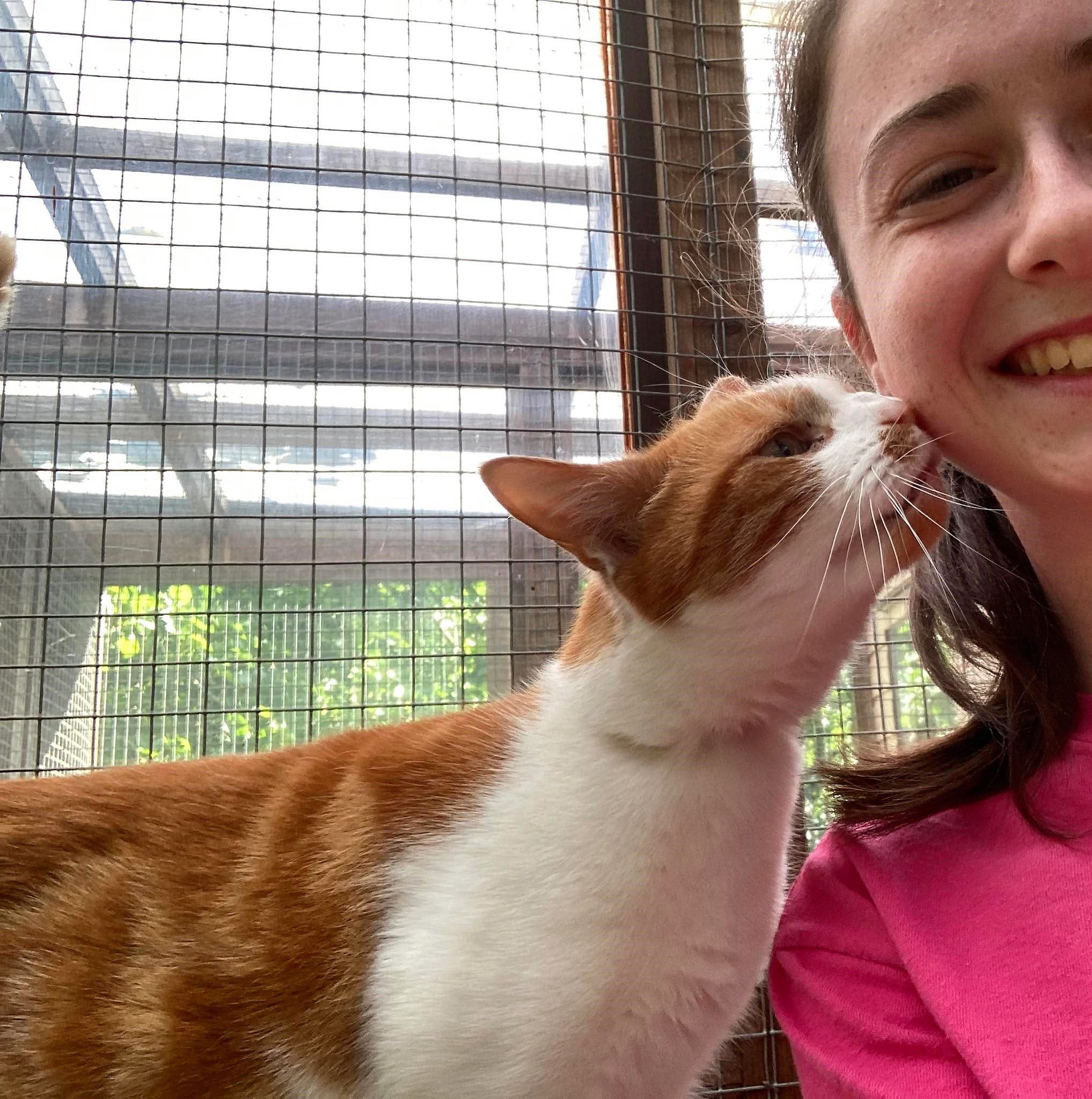 A girl is smiling while a cat licks her face