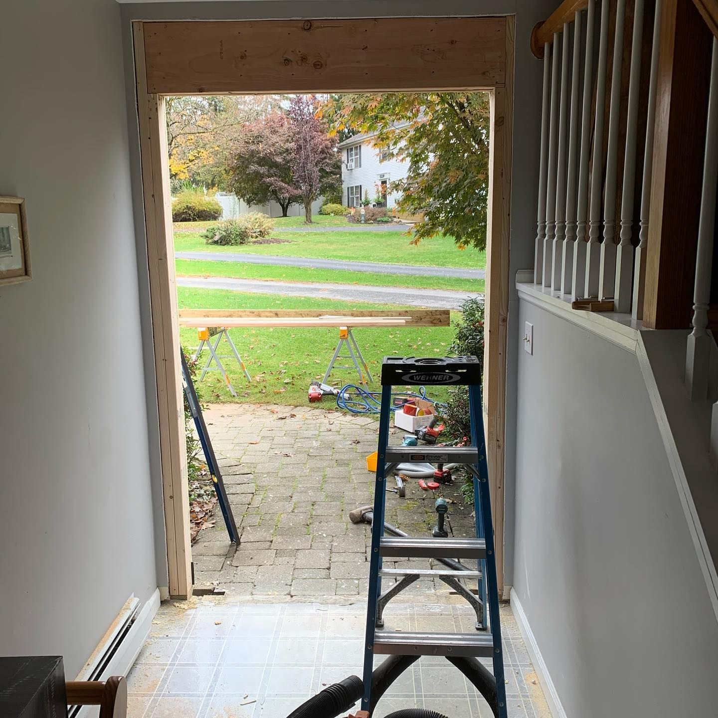 Doorway frame with ladder inside. View of yard and trees beyond.