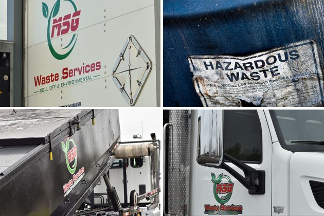 A collage of four pictures of waste services trucks