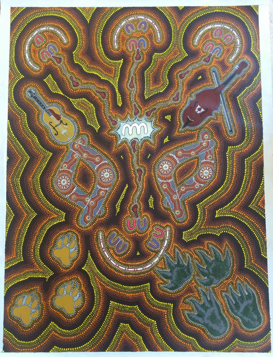 Abstract Aboriginal dot painting featuring musical instruments and animal tracks.