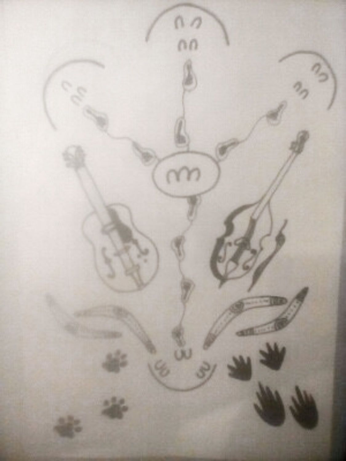 Sketch of a musical figure with instruments, animal tracks, boomerangs, and abstract shapes.