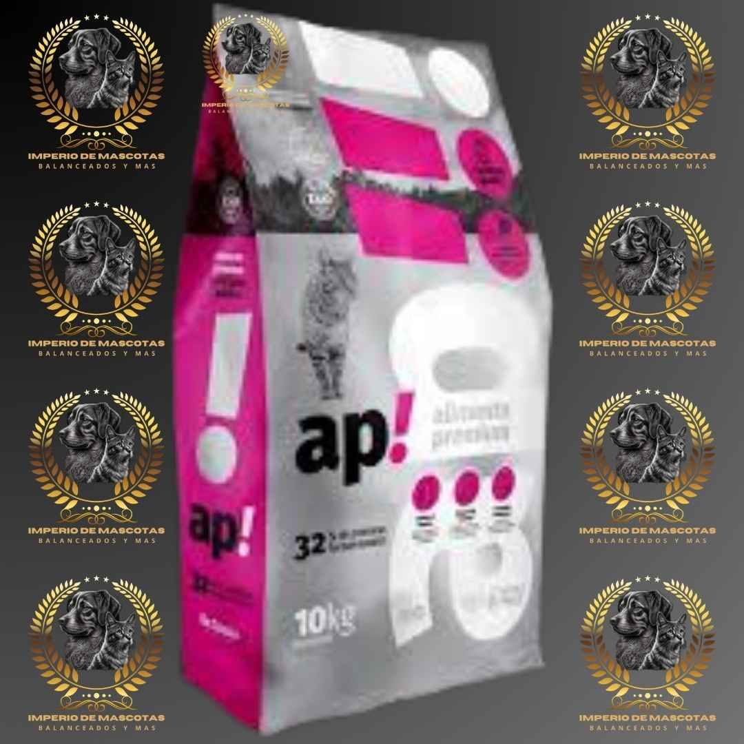 Una bolsa de comida para gatos con la marca "¡ap!" en rosa y blanco. La bolsa indica 10 kg.