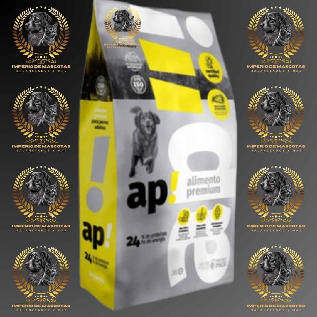 Bolsa de comida para perros, gris, amarilla y negra. Logotipo "¡ap!" con la imagen de un perro. "Alimento premium".
