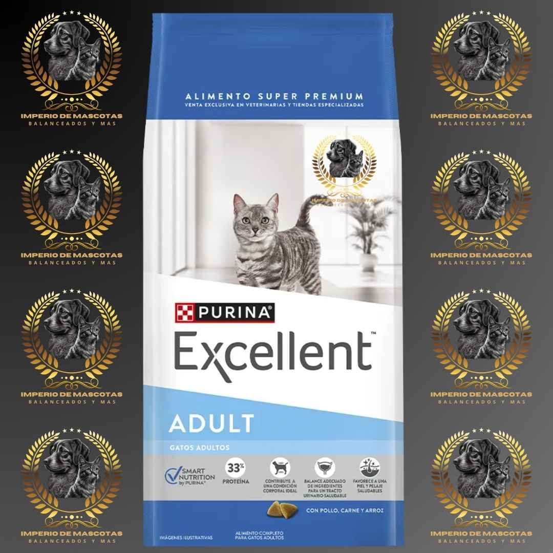 Bolsa de comida para gatos Purina Excellent Adult con gatos, color azul y blanco.
