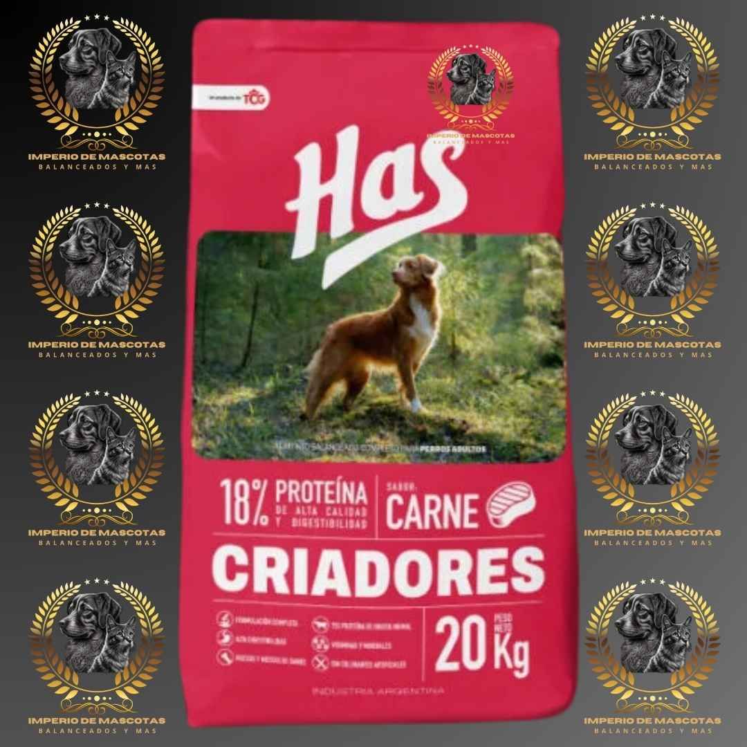 Bolsa de comida para perro con un perro en el frente, color rojo, logo "Has". 20kg, sabor "Carne".