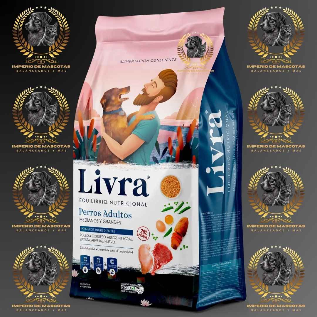 Bolsa de comida para perros: marca "Livra". Hombre abraza a su perro. Colores rosa y azul. Ingredientes: carne y verduras.