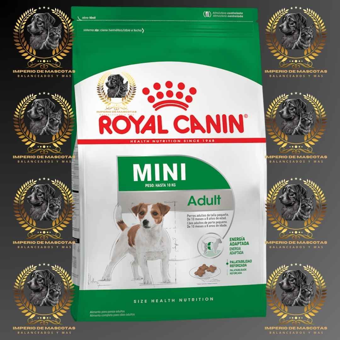Bolsa de alimento para perros Royal Canin Mini Adult con un Jack Russell Terrier en la parte frontal. Envase verde y blanco.