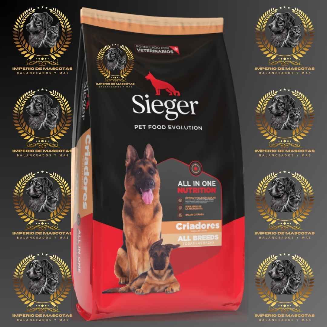 Bolsa de comida para perros con un pastor alemán. Marca "Sieger". Nutrición integral para todas las razas.