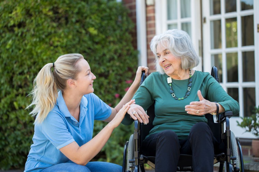 A Nurse is Talking to an Elderly Woman in a Wheelchair — Home Nursing Services In Macquarie, NSW