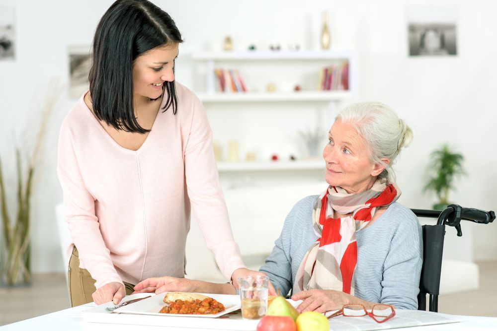 A Woman Is Serving Food To An Elderly Woman In A Wheelchair — Home Nursing Services In Fennell Bay, NSW