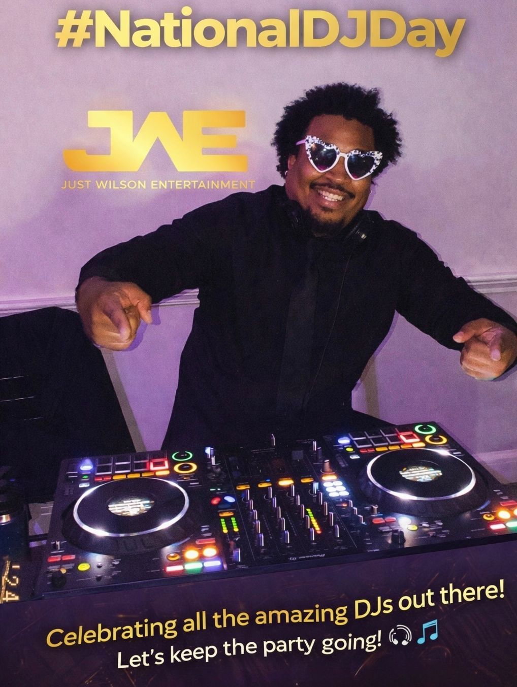 DJ in black shirt smiling behind a turntable setup for National DJ Day with purple background and event text