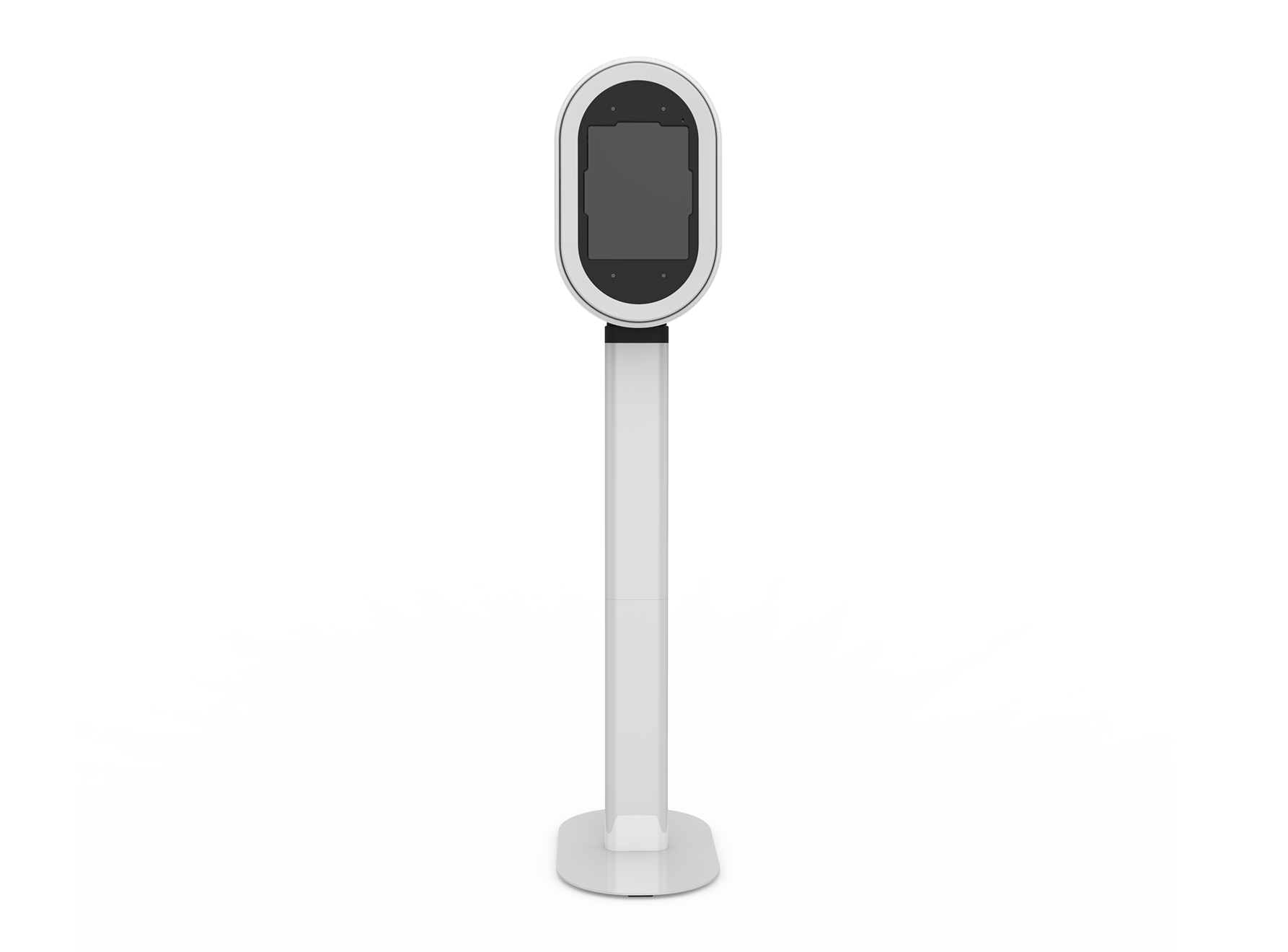 A white photo booth with a screen on a white background