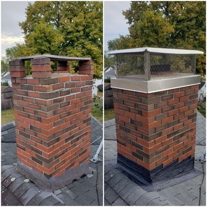 Chimney before and after a chimney cap installation. Brick chimney on a rooftop with trees in the background.