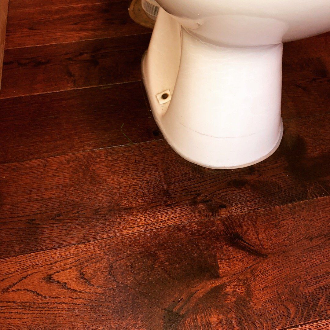 A white toilet is sitting on a wooden floor.