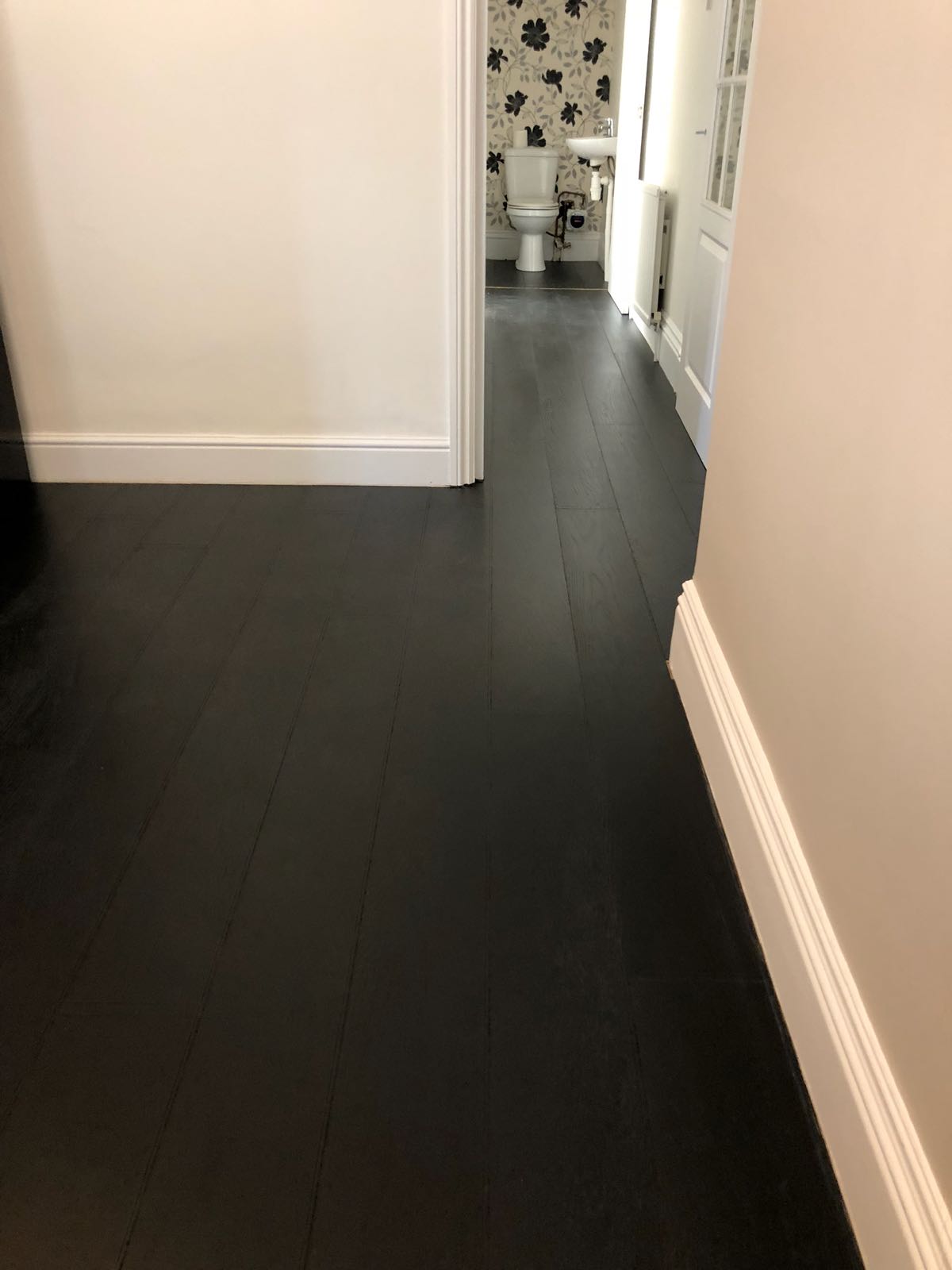 A hallway with a black floor and a toilet in the background.