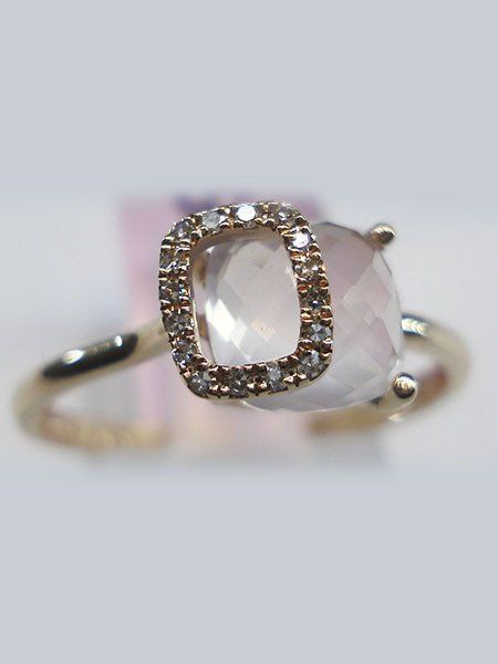 Anillo cuarzo rosa y brillantes en oro rosé