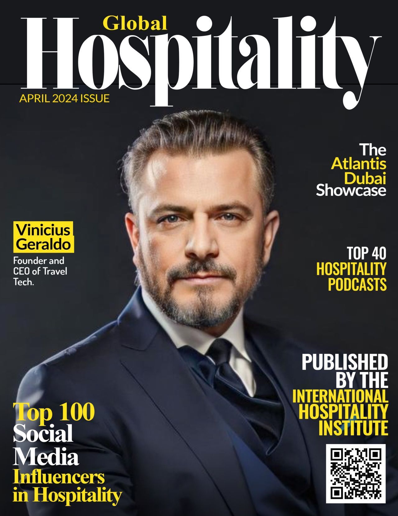 Um homem de terno e gravata está na capa de uma revista chamada hospitalidade global