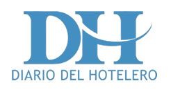 O logotipo do dh diario del hotelero é azul e branco sobre fundo branco.