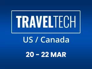 O logotipo da traveltech us/canadá está em um fundo azul.