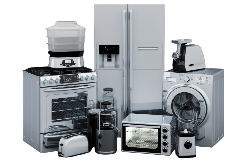 A group of stainless steel appliances are sitting next to each other on a white background.