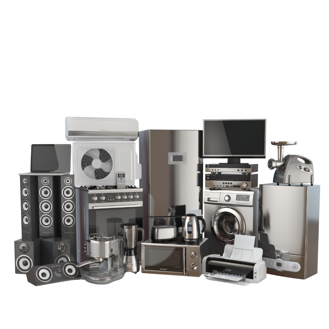 A collection of household appliances, including speakers, air conditioner, stove, refrigerator, TV, washing machine, and more.
