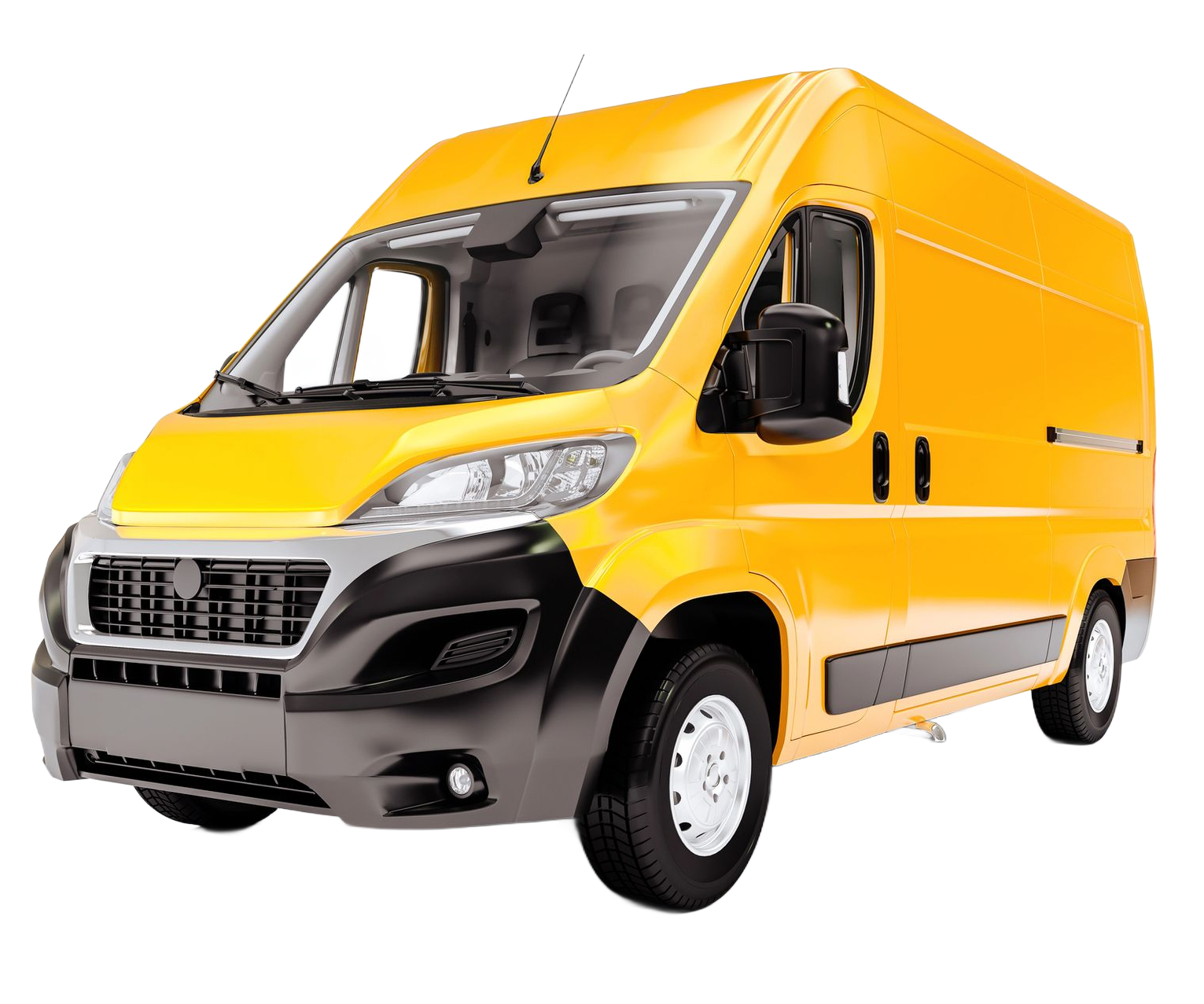 Furgoneta de carga amarilla con detalles en negro, estacionada al aire libre.