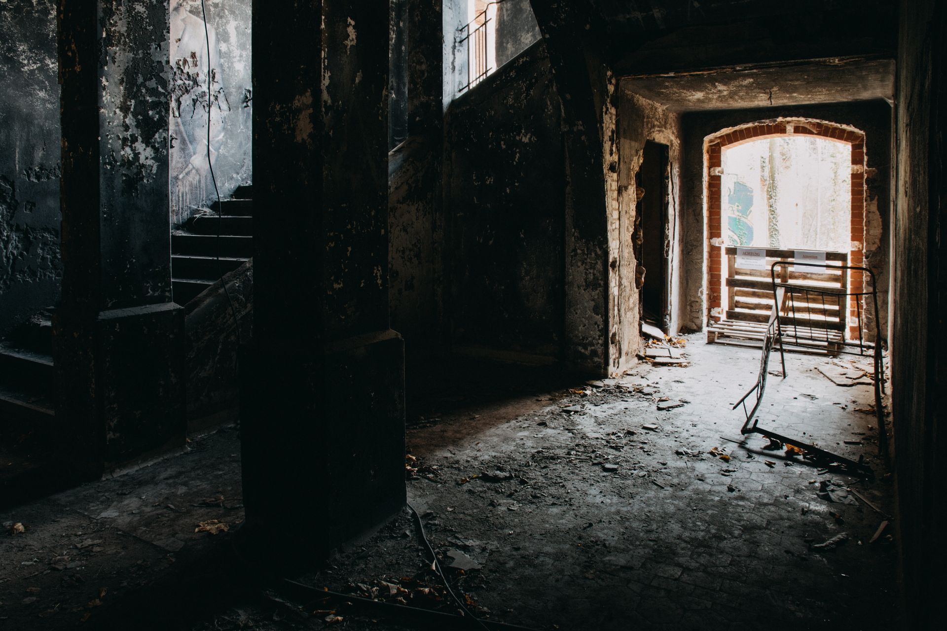 Commercial building interior showing fire and smoke damage after a structural fire