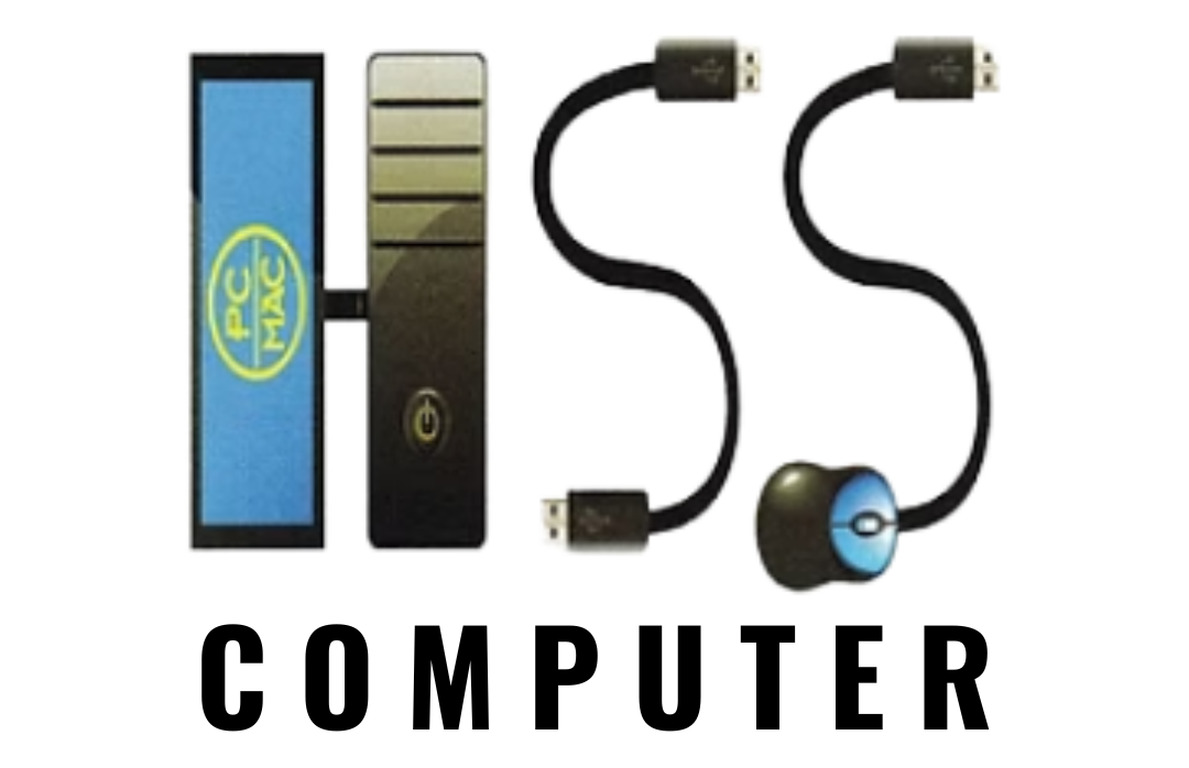 Logo with a computer monitor and tower, "HSS" made of cables, and a mouse. Text: "COMPUTER".