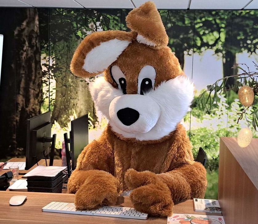 Een knuffeldier zit aan een bureau met een toetsenbord