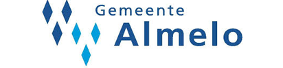 Een blauw-wit logo voor een stad genaamd almelo