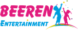 Een logo voor beeren's entertainment met twee dansende mensen op een regenboog.