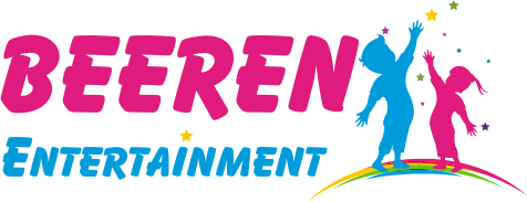 Een logo voor beeren's entertainment met twee dansende mensen op een regenboog.