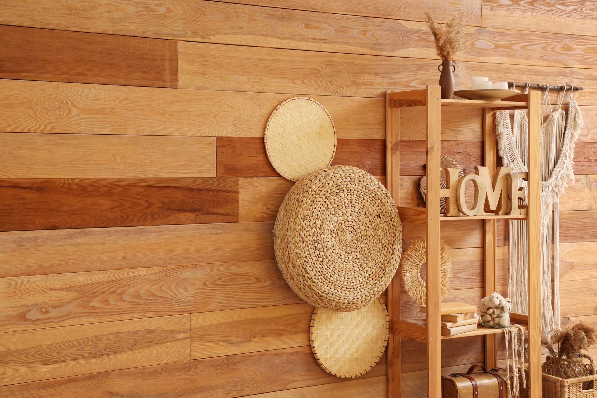 Wooden wall with woven decor and a shelf displaying home items.