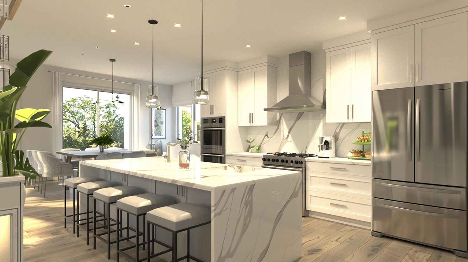 Modern white kitchen with island, stainless steel appliances, and dining area.