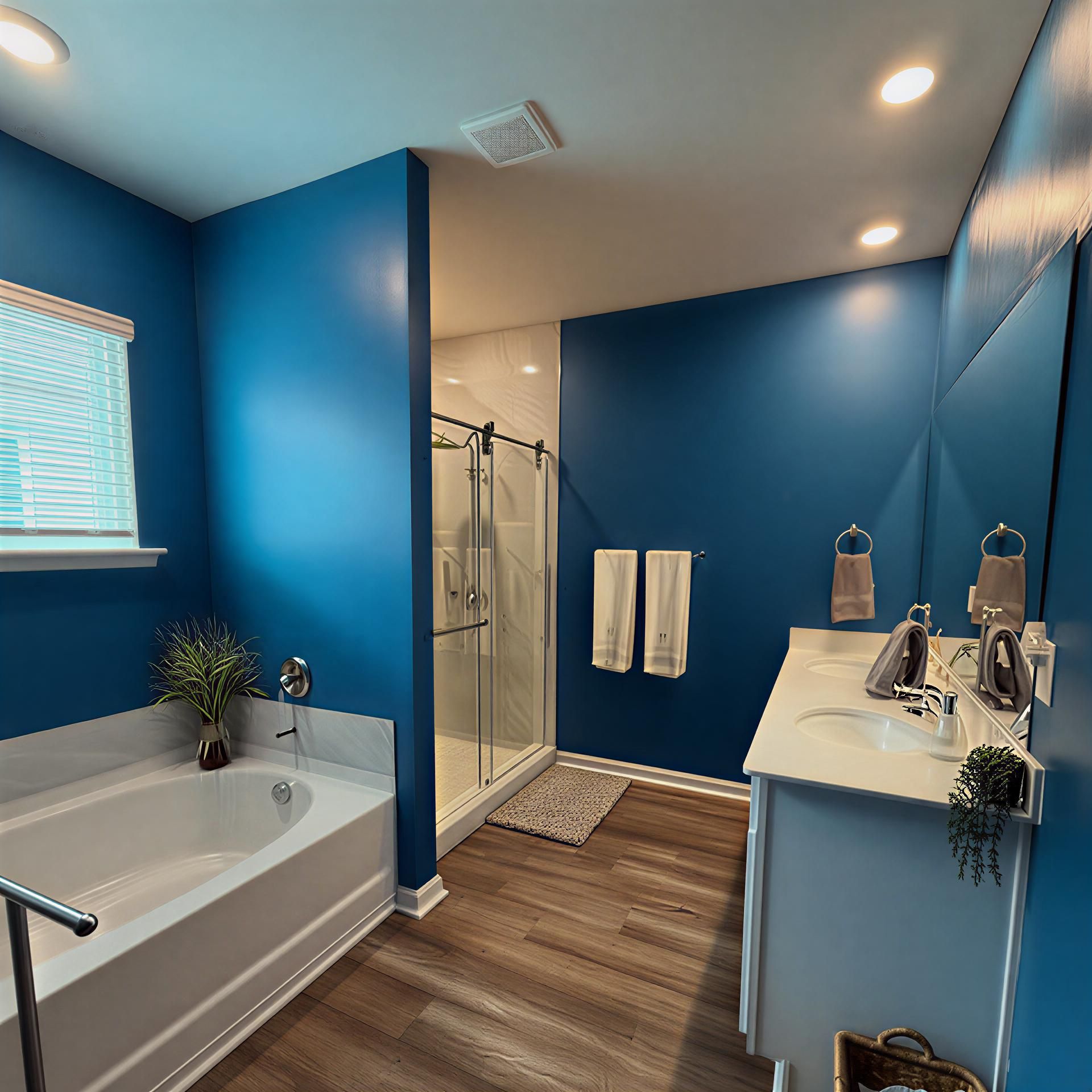 Blue bathroom with white bathtub, shower, and vanity. Wooden floor and two towel racks.