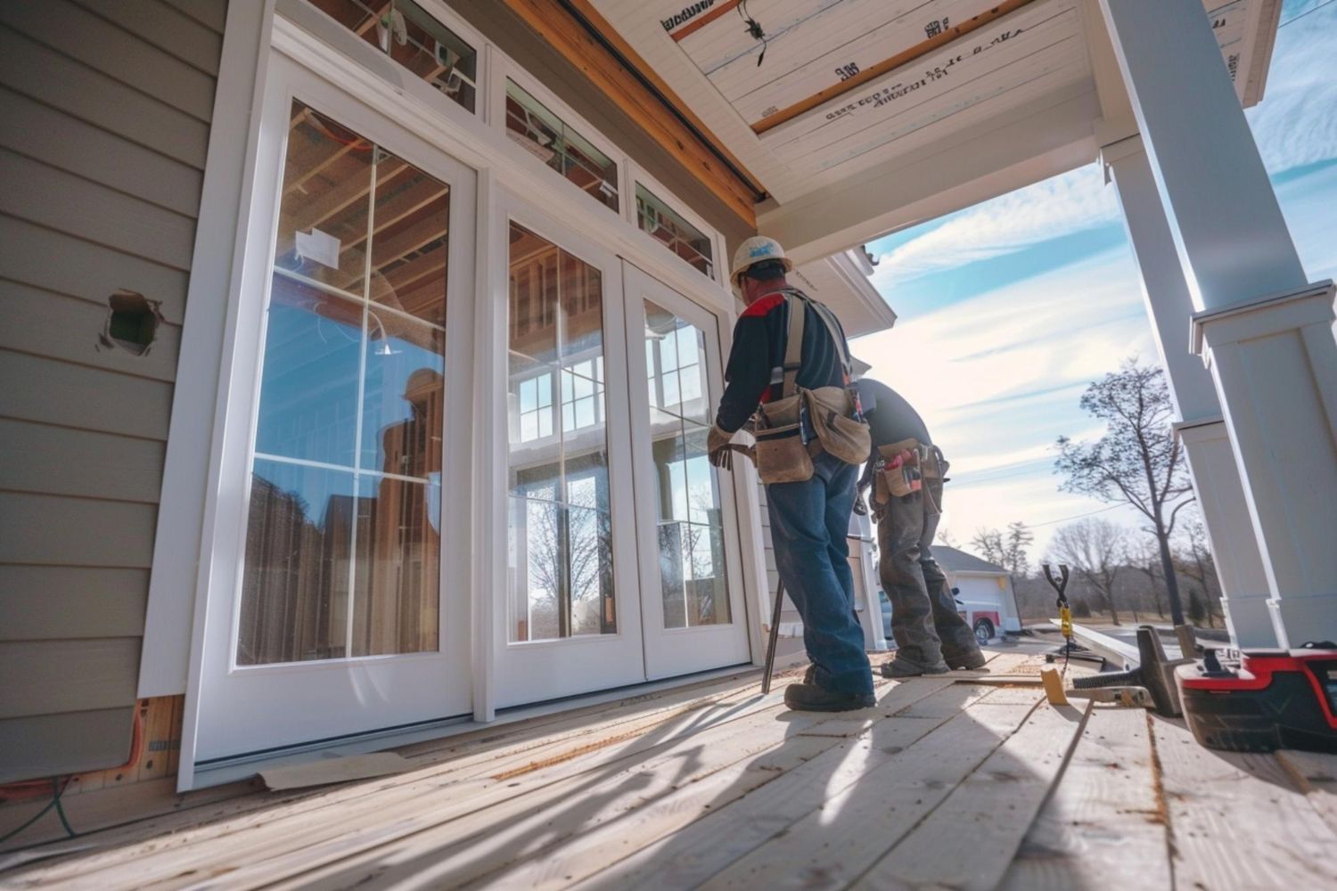 Two construction workers installing French doors on a porch of a house under construction.
