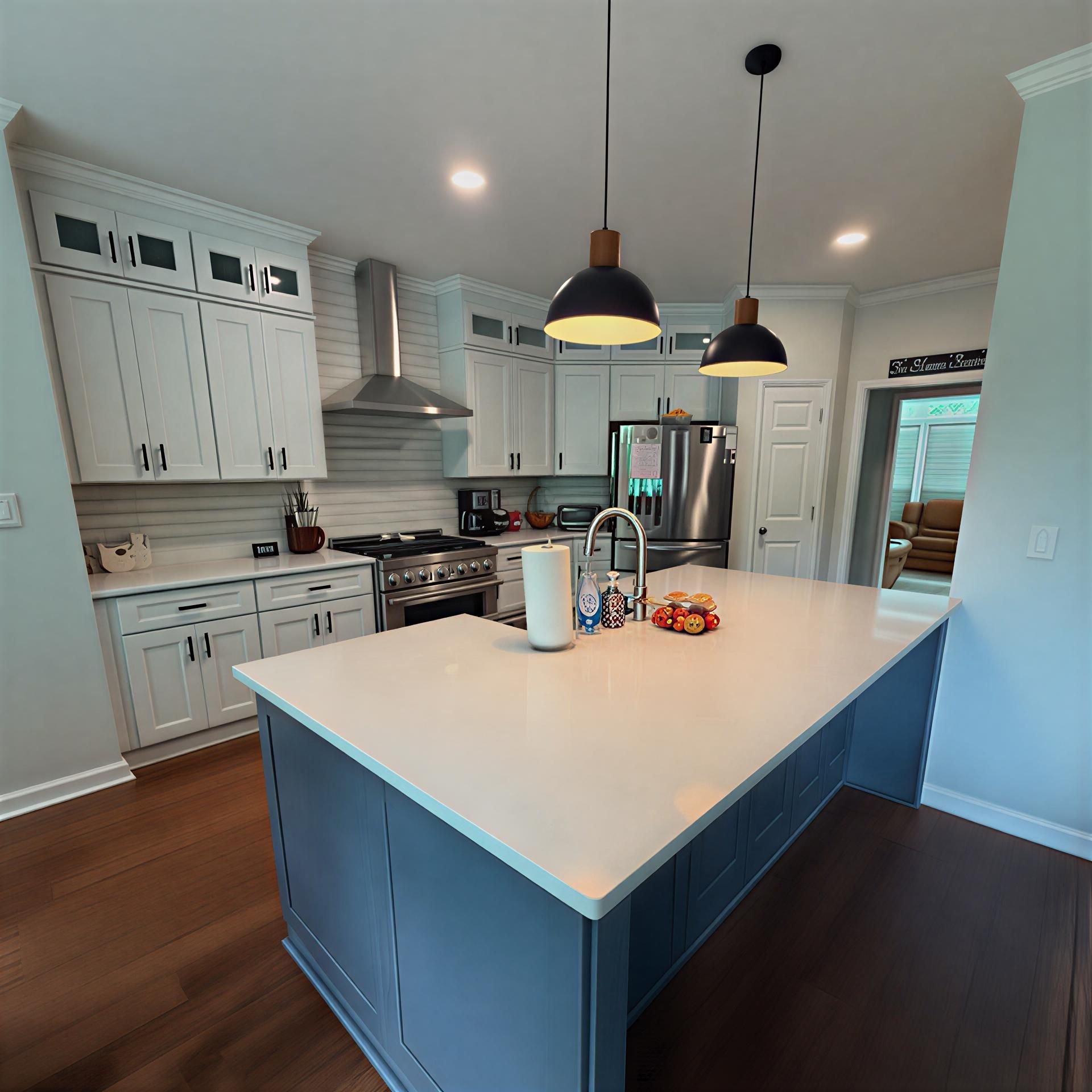 Kitchen with white cabinets, blue island, stainless steel appliances, and wood floors.