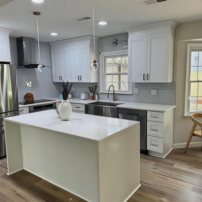 Modern white kitchen with island, cabinets, and stainless steel appliances.