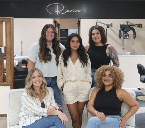 Hair stylists at Revive Hair Salon in Jacksonville, NC. From left to right (back row): Nicole Partridge, Elle Hernandez, Megan Southard (front row) Brie Hendricks, Isabel Hernandez.