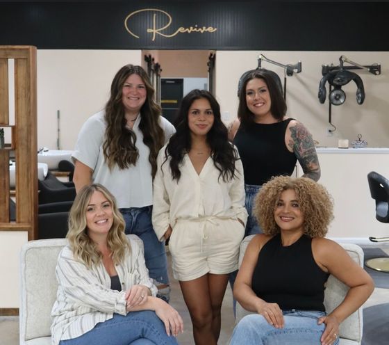 Hair stylists at Revive Hair Salon in Jacksonville, NC. From left to right (back row): Nicole Partridge, Elle Hernandez, Megan Southard  (front row) Brie Hendricks, Isabel Hernandez.