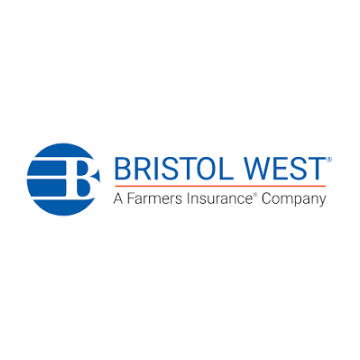 Bristol West logo in blue with “A Farmers Insurance Company” tagline on white background