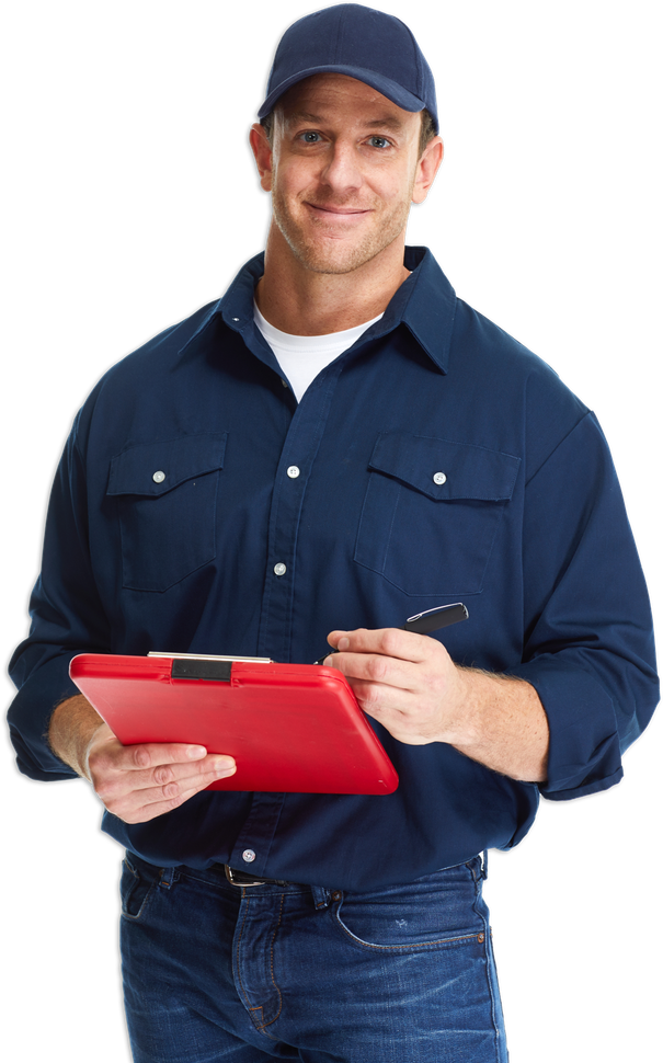 A man in a blue shirt is holding a red tablet