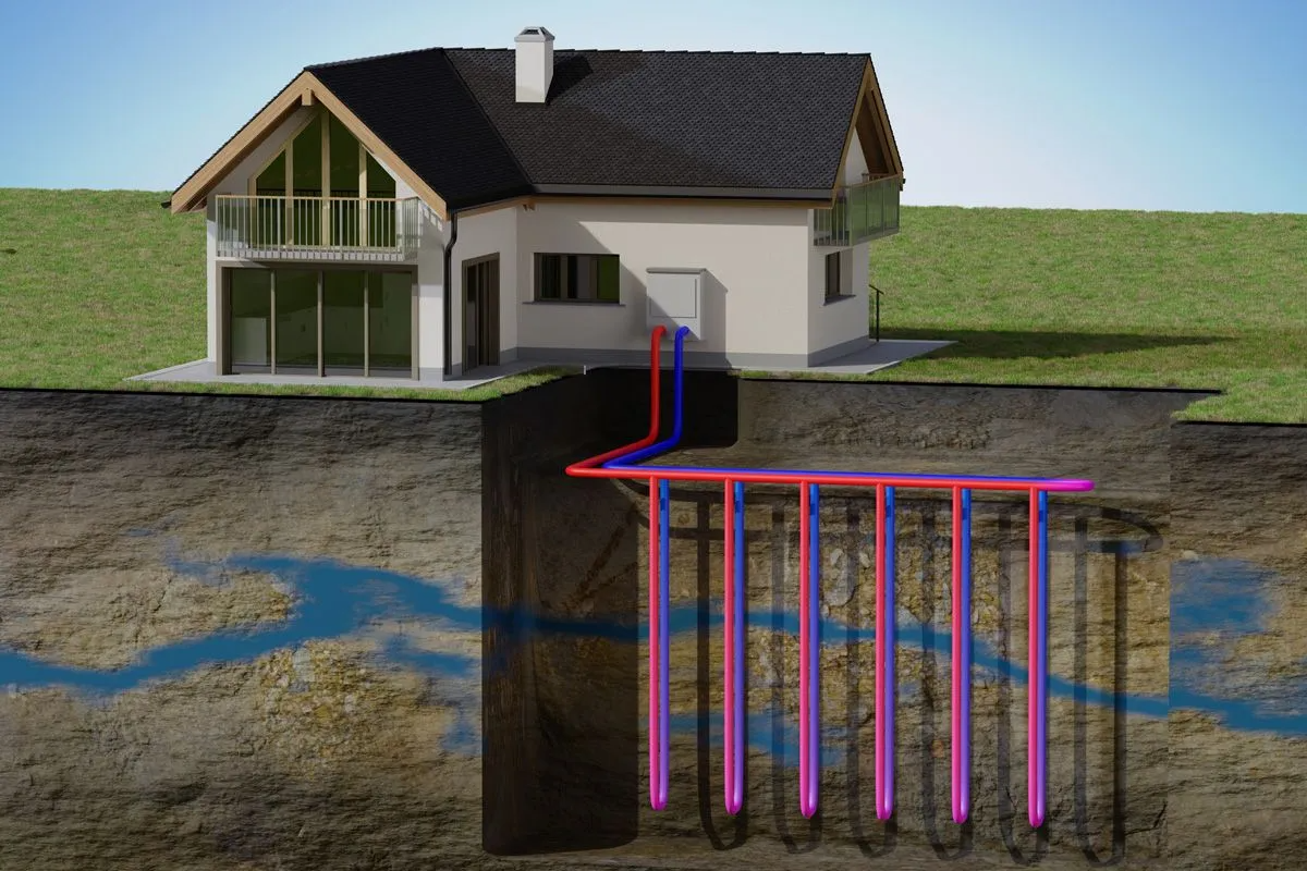 A diagram of a house with a heating system in the ground