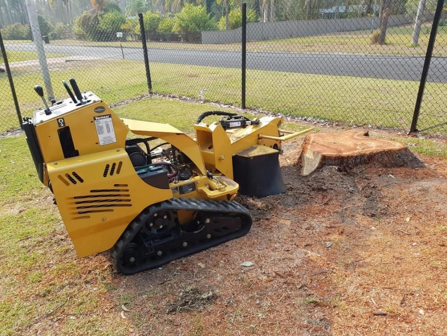 A Yellow Tractor Is Sitting Next To A Tree Stump — Red Shed Hire In Wauchope, NSW