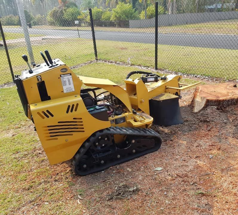 A Yellow Tractor Is Sitting Next To A Tree Stump — Red Shed Hire In Wauchope, NSW