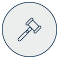 A dark blue icon of a wooden gavel inside a light gray circle, labeled 