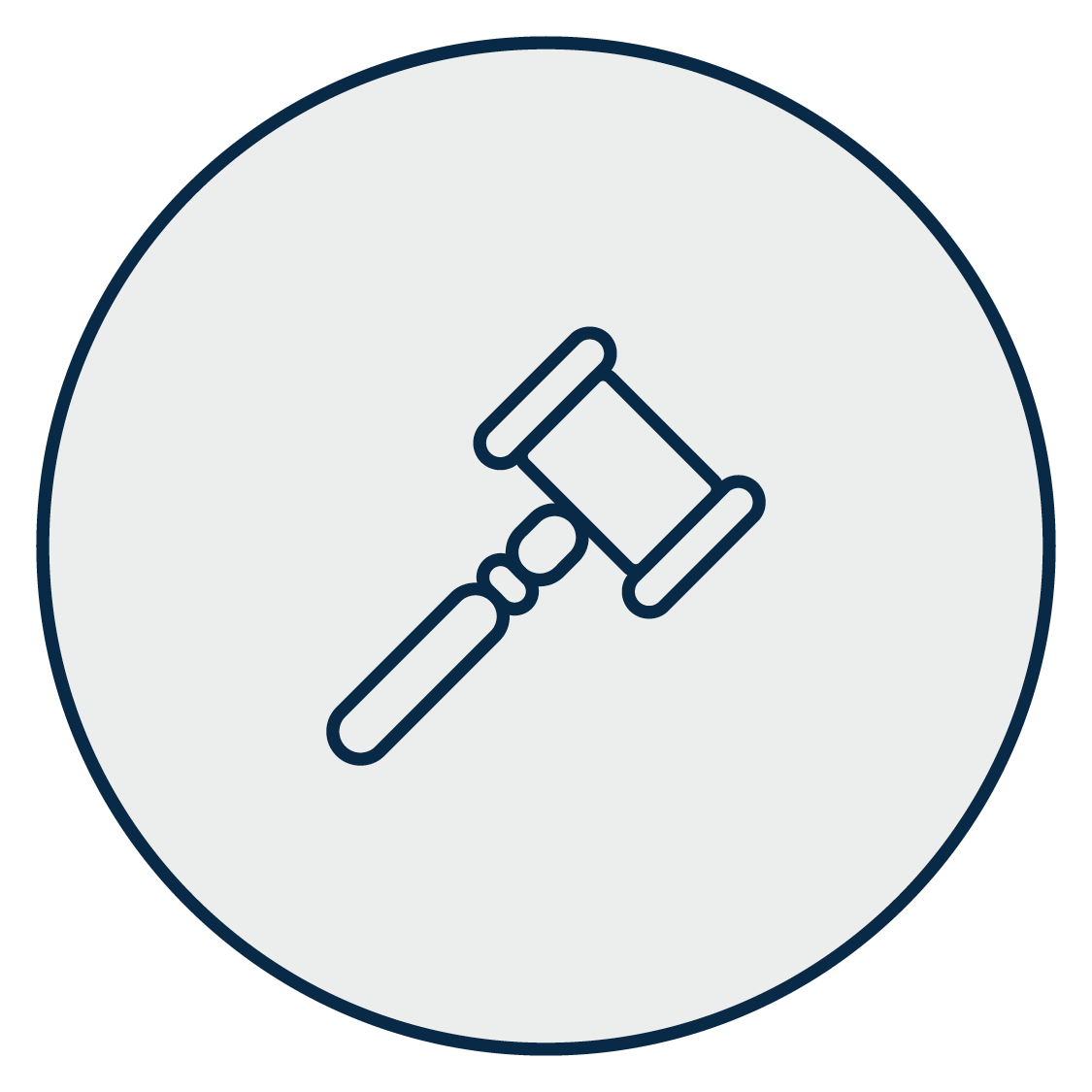 A dark blue icon of a wooden gavel inside a light gray circle, labeled 